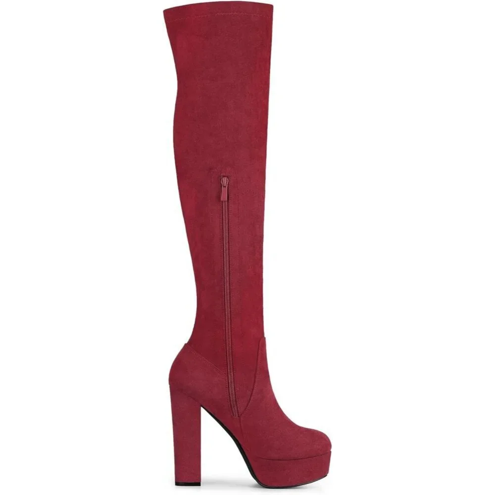 Women Burgundy Suede Chunky Heel Rounded Toe Over the Knee Thigh High Long Boots